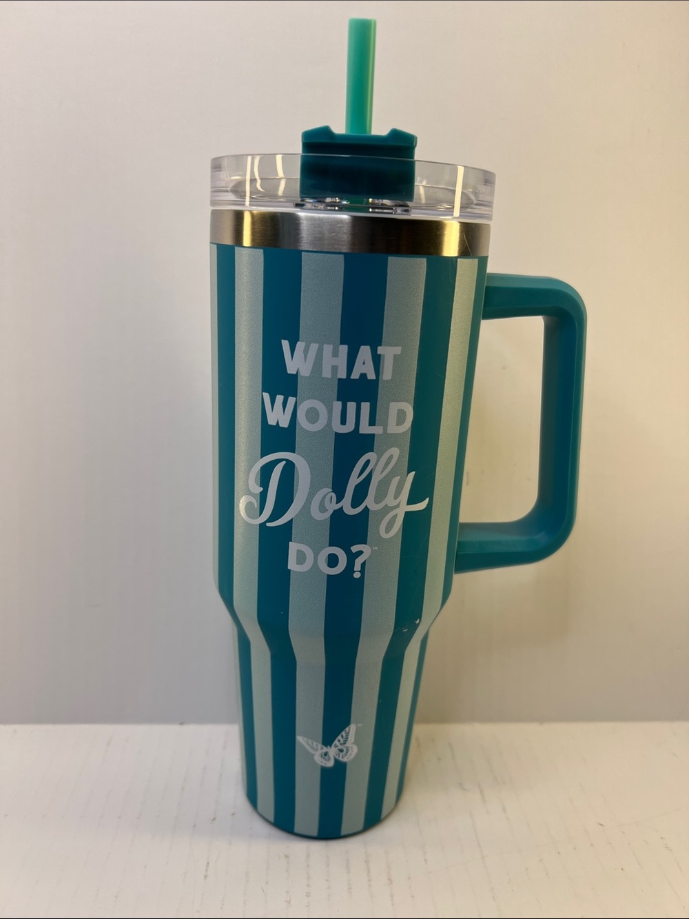 Rare Dolly Parton Teal Striped Travel 40 fl oz Tumbler with Handle
